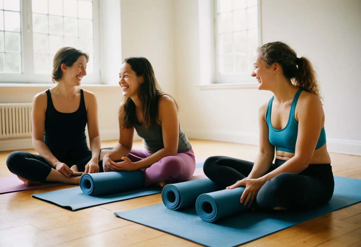 Three women chatting on yoga mats