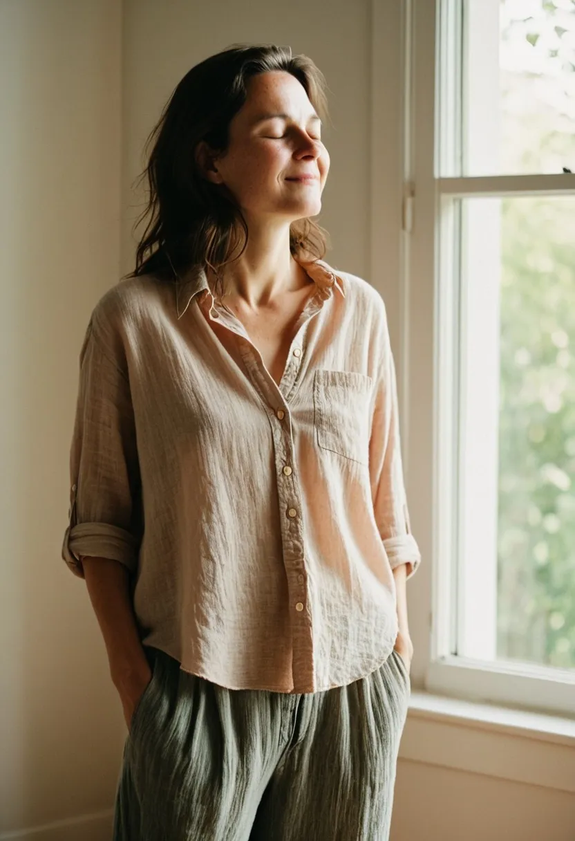 A woman standing by a sunny window at home