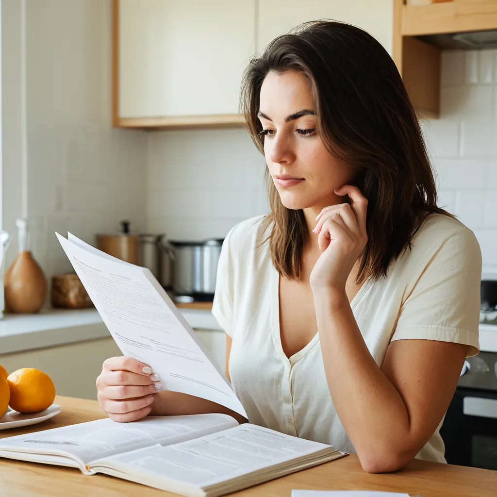 A woman reading through her plan at the kitchen counter