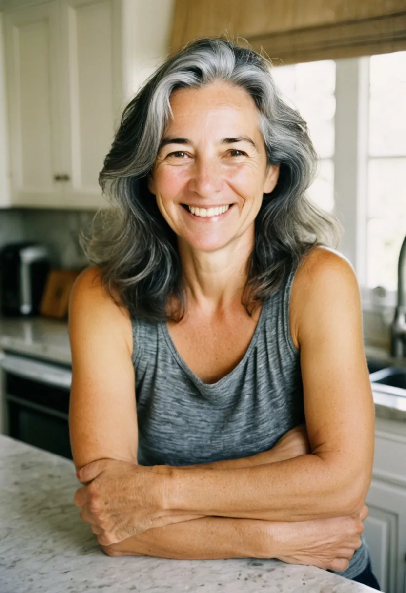 A woman smiling in her kitchen